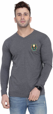 tfurnish Printed Men V Neck Grey T-Shirt