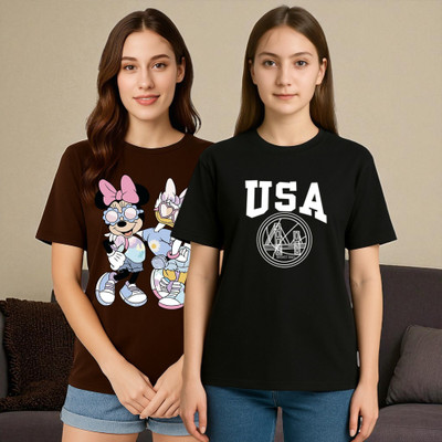 Elvia Printed Women Round Neck Brown, Black T-Shirt