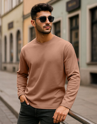 Veirdo Solid Men Round Neck Brown T-Shirt