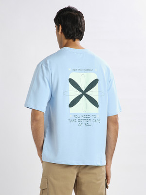 NOBERO Printed Men Crew Neck Light Blue T-Shirt