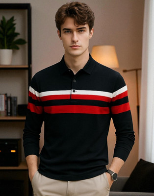 Autna Striped Men Polo Neck Black T-Shirt