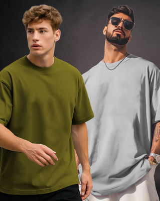 AOOSH Solid Men Round Neck Dark Green, Grey T-Shirt