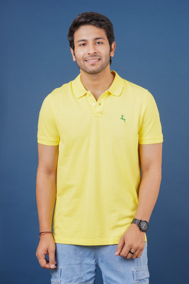Hopping Deer on Redline Solid Men Polo Neck Yellow T-Shirt