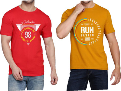 WOOSTRO Printed Men Round Neck Red, Yellow T-Shirt