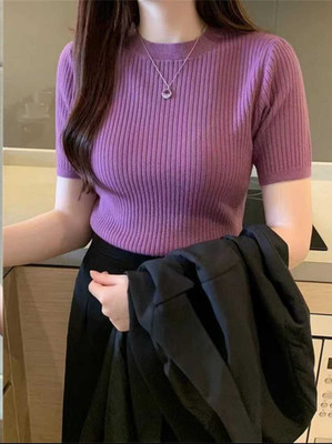 Everfab Self Design Women Round Neck Purple T-Shirt