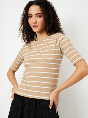 MAX Printed Women Round Neck Brown T-Shirt