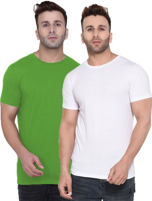 Kroptee Solid Men Round Neck Dark Green, White T-Shirt