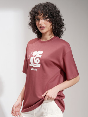 Tokyo Talkies Self Design Women Round Neck Red T-Shirt