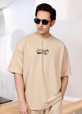 Skybrity Typography Men Round Neck Beige T-Shirt