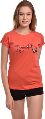 elina Typography Women Round Neck Orange T-Shirt