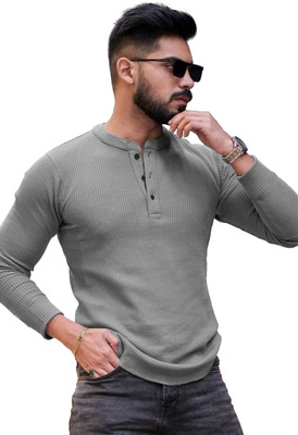 NOOK Self Design Men Henley Neck Grey T-Shirt