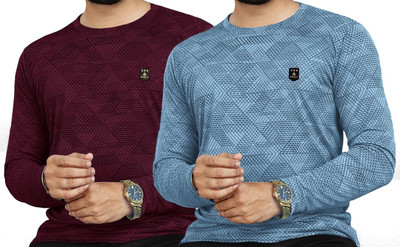 AVOLT Printed Men Round Neck Light Blue, Maroon T-Shirt