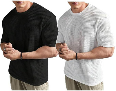 At Last Fashion Self Design Men Round Neck Black, White T-Shirt