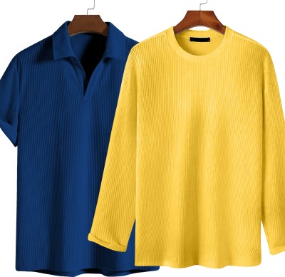 SAMRIZ Solid Men Round Neck Dark Blue, Yellow T-Shirt