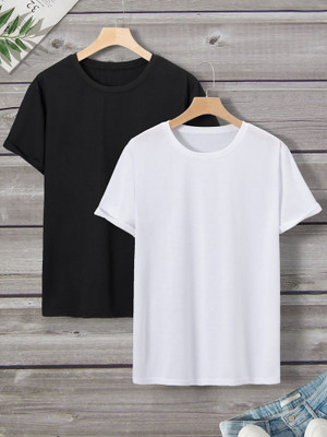 ELABOT Solid Men Round Neck White, Black T-Shirt