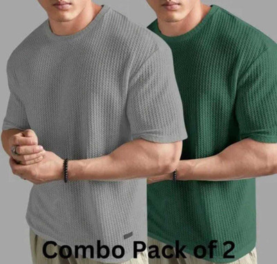 BOOM BAAM Self Design Men Round Neck Grey, Green T-Shirt