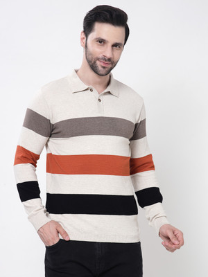 KALT Striped Men Polo Neck Beige T-Shirt