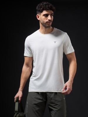 TECHNOSPORT Solid Men Crew Neck White T-Shirt