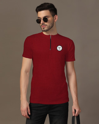 Lawful Casual Solid Men Mandarin Collar Maroon T-Shirt