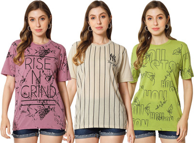 HouseOfCommon Printed Women Round Neck Multicolor T-Shirt