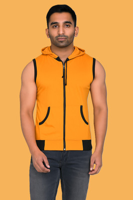 VASTRAART Solid Men Hooded Neck Yellow, Black T-Shirt