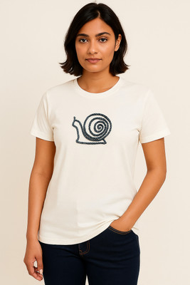 THREADTANTRUMS Embroidered Women Round Neck White T-Shirt