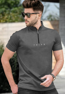 TRIPR Solid Men Mandarin Collar Grey T-Shirt