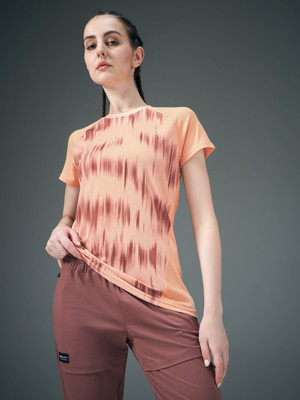 TECHNOSPORT Printed Women Crew Neck Orange T-Shirt