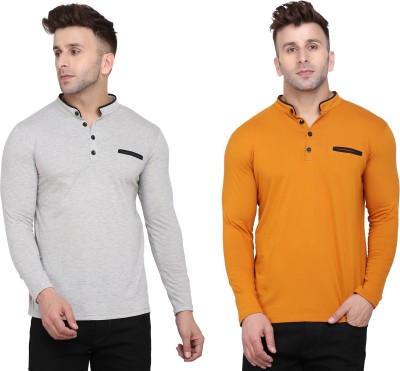 BEYOU FASHION Solid Men Mandarin Collar Silver, Yellow T-Shirt