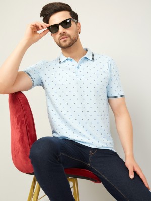 We Perfect Printed Men Polo Neck Blue T-Shirt