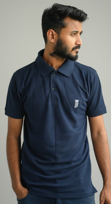 Jyovic Solid Men Polo Neck Navy Blue T-Shirt