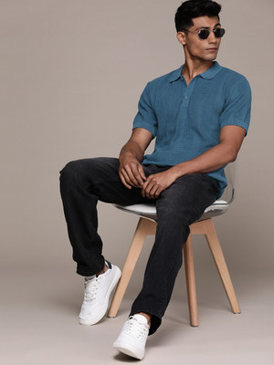 Roadster Self Design Men Polo Neck Green T-Shirt