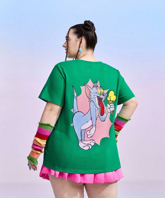 TOM AND JERRY by DreamBe Printed Women Round Neck Dark Green T-Shirt