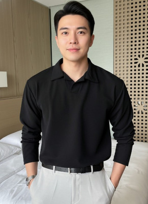 Leriya Fashion Solid Men Polo Neck Black T-Shirt