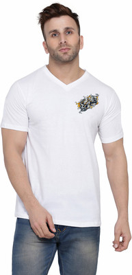 Blisstone Printed Men V Neck White T-Shirt