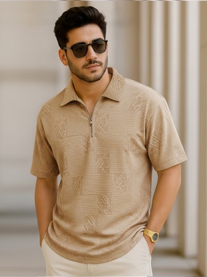 Jump Cuts Self Design Men Polo Neck Reversible Beige T-Shirt