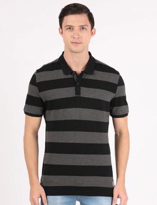 JOCKEY Striped Men Polo Neck Black T-Shirt