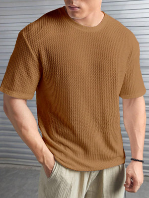 boombaam Self Design Men Round Neck Brown T-Shirt