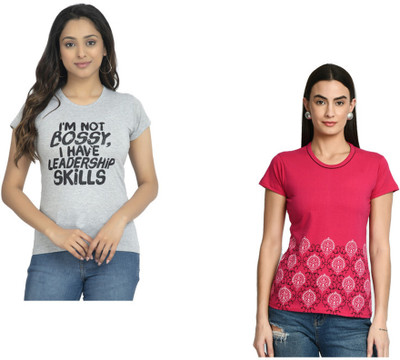 IndiWeaves Printed Women Round Neck White, Pink T-Shirt