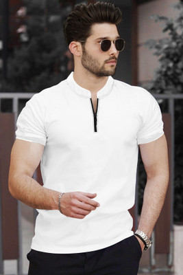 TRIPR Solid Men Mandarin Collar White T-Shirt