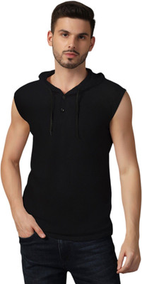 GEUM Solid Men Hooded Neck Black T-Shirt