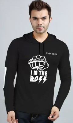 PARA HILLS Printed, Typography Men Hooded Neck Black T-Shirt