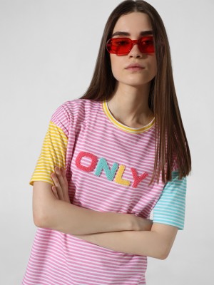 ONLY Striped Women Round Neck Pink T-Shirt