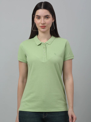 CANTABIL Solid Women Polo Neck Light Green T-Shirt