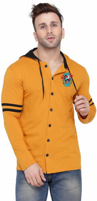 GEUM Solid, Printed Men Hooded Neck Yellow T-Shirt
