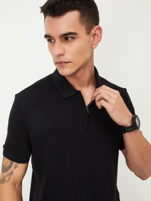 MAX Solid Men Polo Neck Black T-Shirt