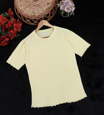 SOMVATI Self Design Women Round Neck Yellow T-Shirt