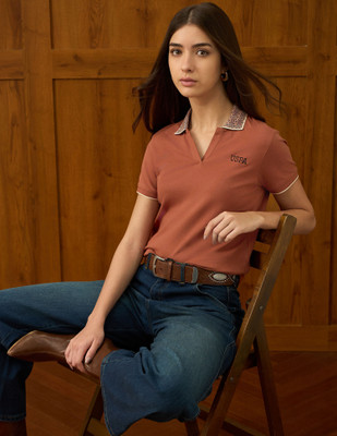 U.S. POLO ASSN. Solid Women Polo Neck Brown T-Shirt