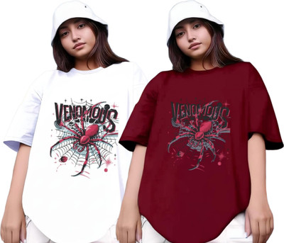 RS FASHION Printed Women Round Neck White, Maroon T-Shirt