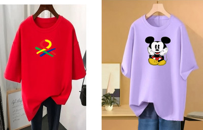 RAPTUROUS Printed Women Round Neck Red, Purple T-Shirt
